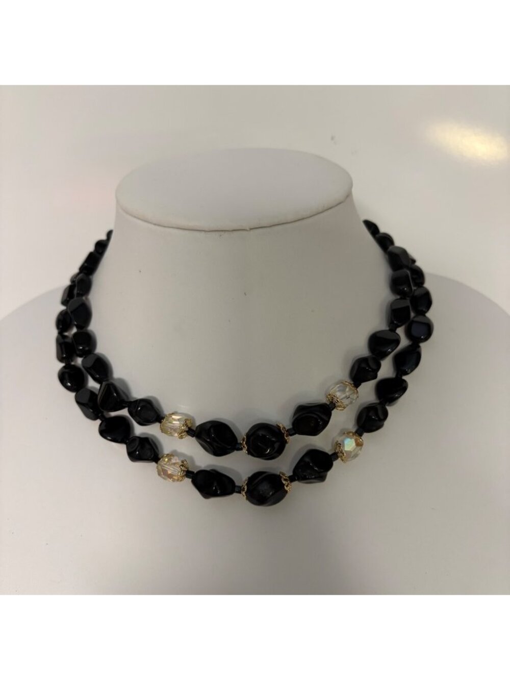 Black Beaded Double Strand Necklace Gold Accents Iridescent Beads Vintage Japan